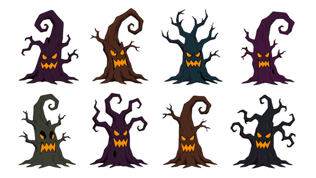 Set of spooky cartoon haunted trees with glowing faces