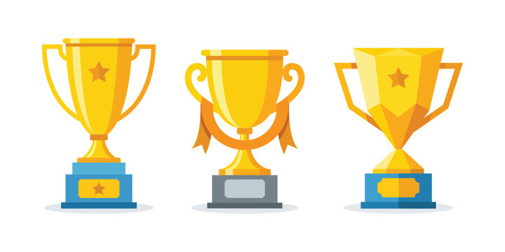 Set of golden trophy cup icons with ribbons and star emblems in flat vector style. Ideal for awards, competitions, sports achievements, business recognition, and success concepts.