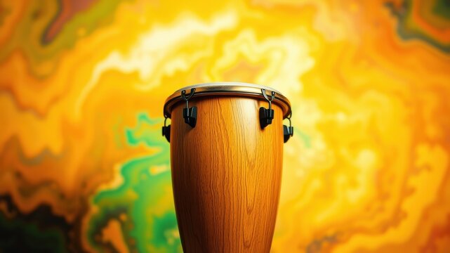 A single wooden conga drum stands against a vibrant, abstract background of swirling yellow and green hues.