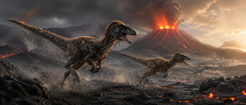 Two raptor-like theropod dinosaurs sprint across a scorched volcanic plain while a distant stratovolcano violently erupts, spewing lava, ash and smoke into a fiery sky