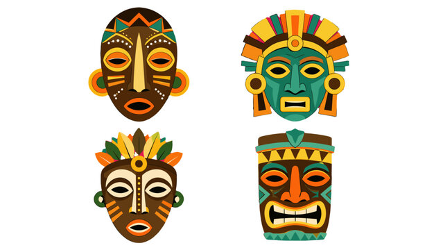 Set of four colorful tribal style masks on white background
