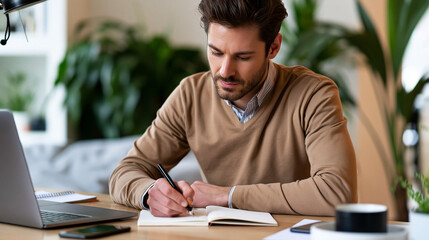 Obraz premium Man working on laptop and writing notes at desk in office