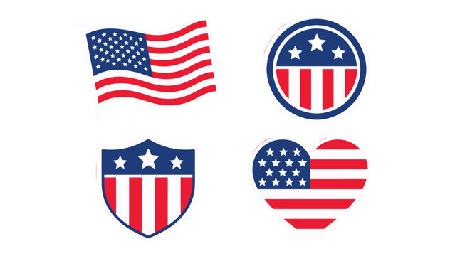 Set of patriotic American flag stickers with shield and heart