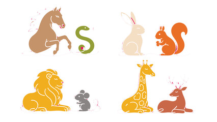 Fototapeta premium Cute cartoon wild and domestic animals set in simple vector style