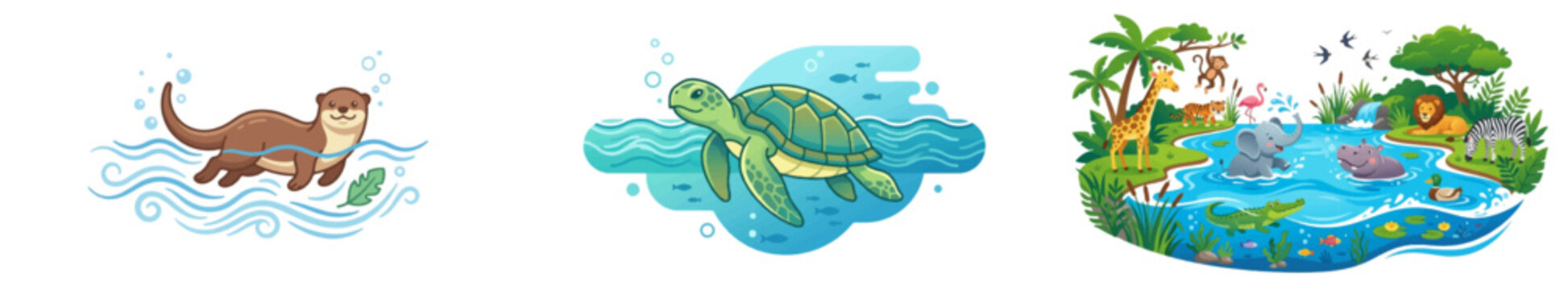 Cartoon otter swimming with sea turtle and tropical wildlife illustration
