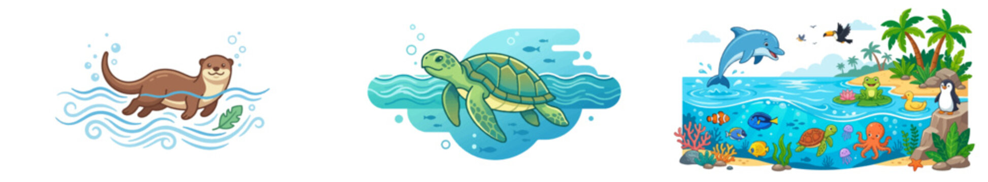Cartoon otter, sea turtle, and tropical marine life illustration set