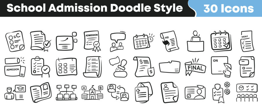 Hand drawn collection of school admission icons in doodle style