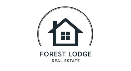 Fototapeta premium Forest Lodge Real Estate Logo featuring a stylized house icon within a circle, representing property and home services