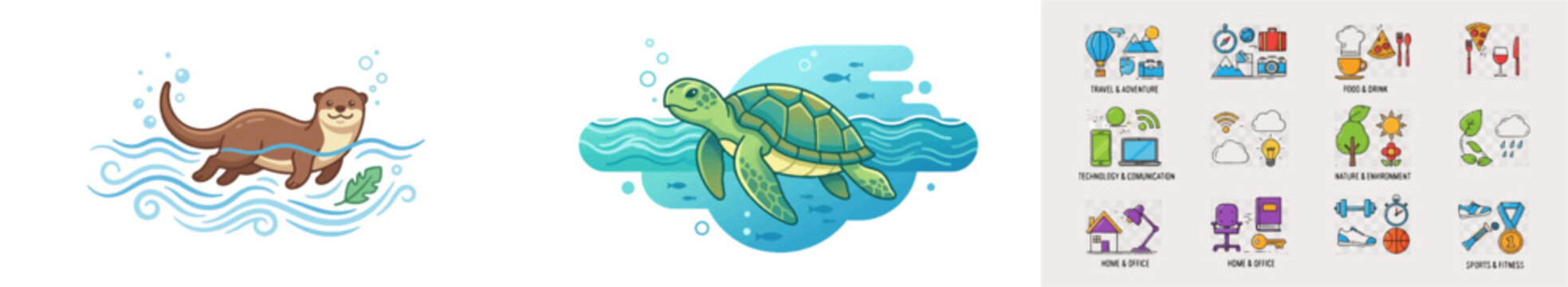Cartoon otter and sea turtle swimming with lifestyle icons background