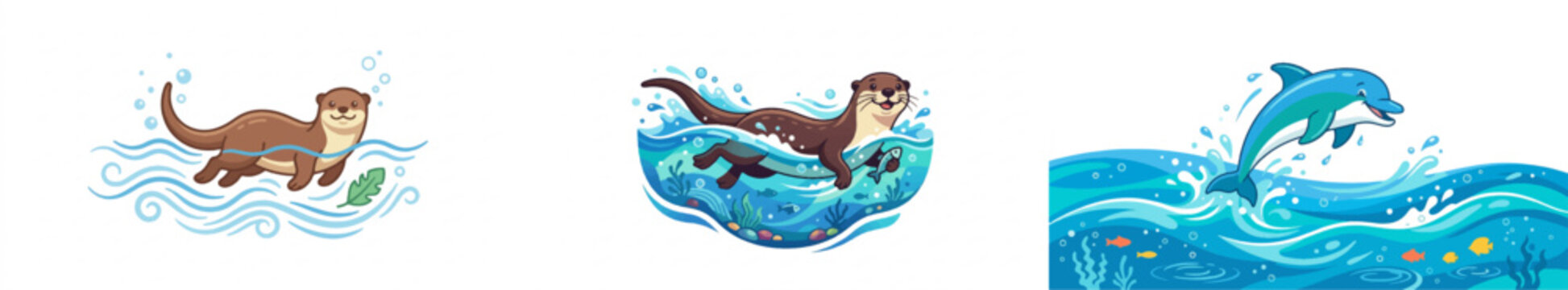 Cartoon otter swimming in ocean with playful dolphin