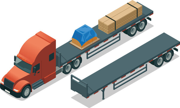 Semi truck flatbed trailer carrying wooden plank