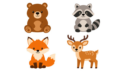 Fototapeta premium Cute woodland animal cartoon set with bear raccoon fox and deer