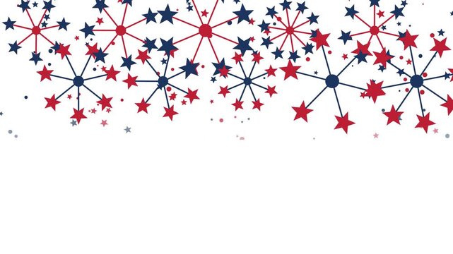 "Patriotic USA background animation featuring abstract red and blue starburst fireworks rotating on the top border over a clean white backdrop with copy space for American holidays