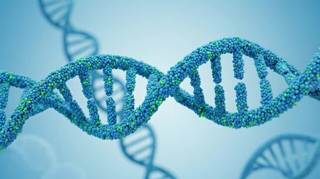 A 3d rendering of a blue and green dna double helix structure on a gradient blue background