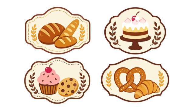 Set of bakery labels with bread cake cupcake cookie and pretzel
