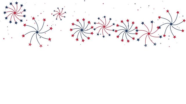 Patriotic USA background animation featuring red and blue minimalist pinwheel fireworks rotating on the top border over a clean white background with copy space for American holidays