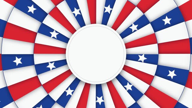Patriotic USA background animation featuring multi-layered rotating red and blue sunburst wheels with stars around a central blank circular copy space, creating a 3D effect holiday template
