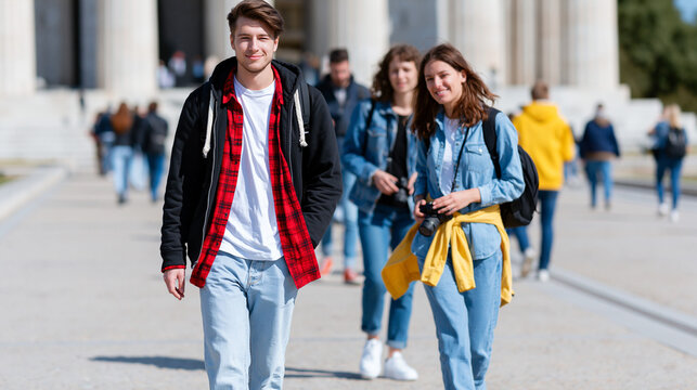 Group of young students walking outdoors on city campus