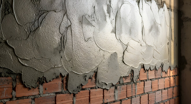 Wet cement plaster on red brick wall, fresh concrete mortar texture for construction background, industrial masonry work in progress