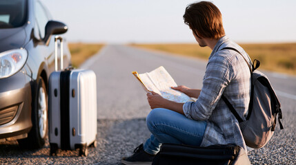 Man reading book beside car on roadside travel break