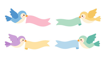 Obraz premium Cute pastel birds carrying blank ribbon banners set