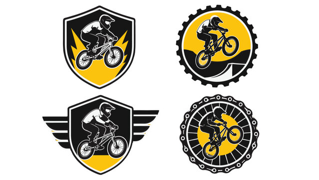 Set of mountain biking rider badge logos in black and yellow