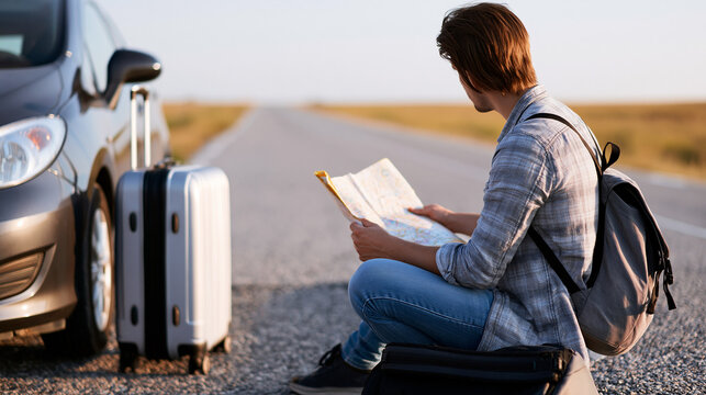 Man reading book beside car on roadside travel break