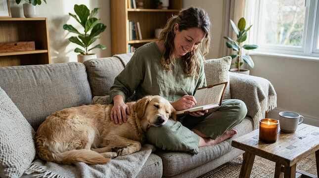 A woman writing in a journal while sitting on a couch with her golden retriever dog