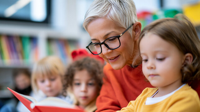 Older teacher reading book to children in classroom