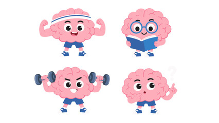 Fototapeta premium Cute cartoon brain characters exercising, reading and thinking