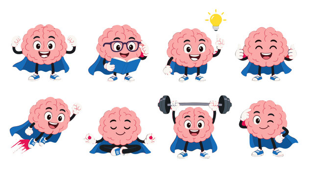 Cute cartoon brain superhero characters set in different poses