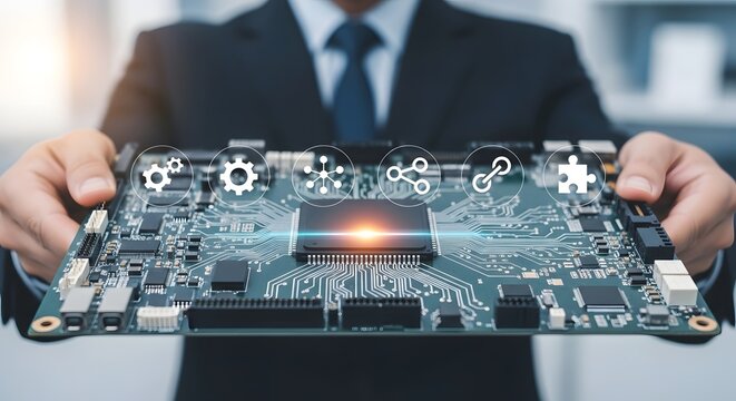 Corporate executive holding computer motherboard showing digital network circuit icons
