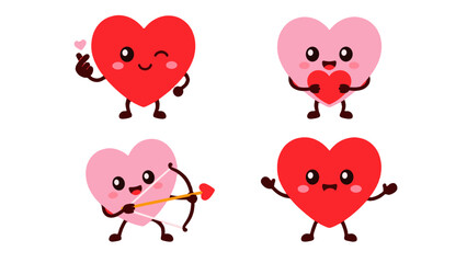 Fototapeta premium Cute heart mascot characters set in kawaii cartoon style