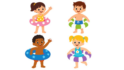 Naklejka premium Cartoon children in swimsuits with inflatable swim rings