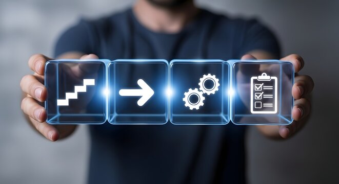 Person holding transparent glass blocks with business process management icons
