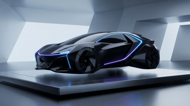 Futuristic black electric supercar with neon blue lighting, sleek aerodynamic concept car in minimalist studio, high-tech automotive design for transport