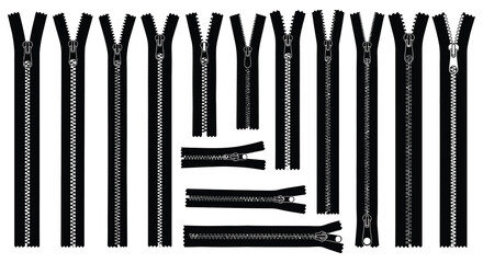 Black Zippers Collection Vector Illustration On White Background © Urmi512