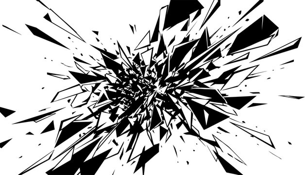 Abstract black and white geometric shards exploding from center, high contrast digital illustration of glass debris