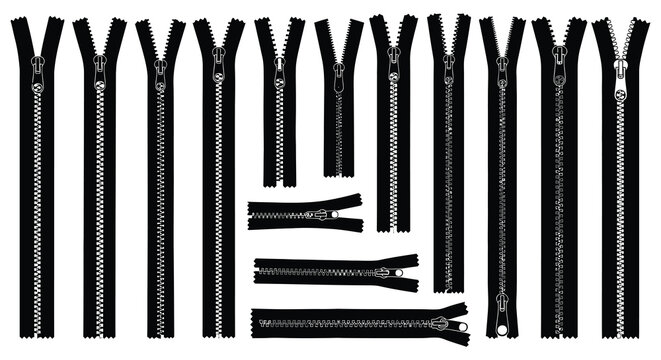 Black Zippers Collection Vector Illustration On White Background