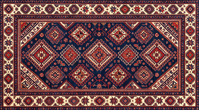 Geometric oriental carpet pattern in navy blue and red
