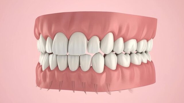 A 3d rendering of a set of human teeth with gums on a pink background