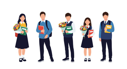 Fototapeta premium Group of diverse school students in uniforms holding bouquets of colorful flowers and books, ready for a graduation or school ceremony.