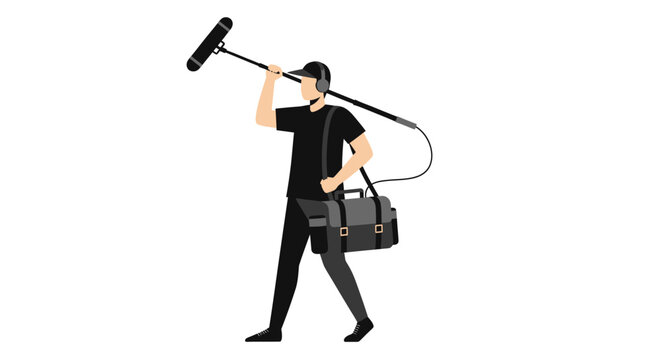 Professional Sound Recordist Boom Operator with Audio Equipment Flat Vector Illustration