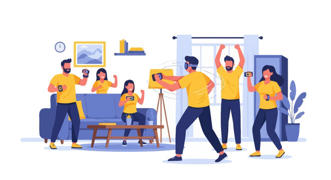 Friends Having Fun Playing Virtual Reality VR Games in Living Room Illustration, Group of People Enjoying Modern Technology and Social Entertainment at Home