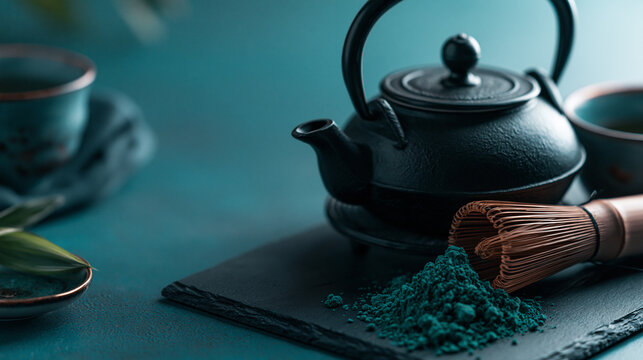 Traditional japanese matcha tea set with cast iron teapot and bamboo whisk, japanese