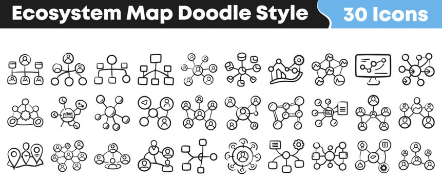 Hand drawn black and white ecosystem map doodle icon set