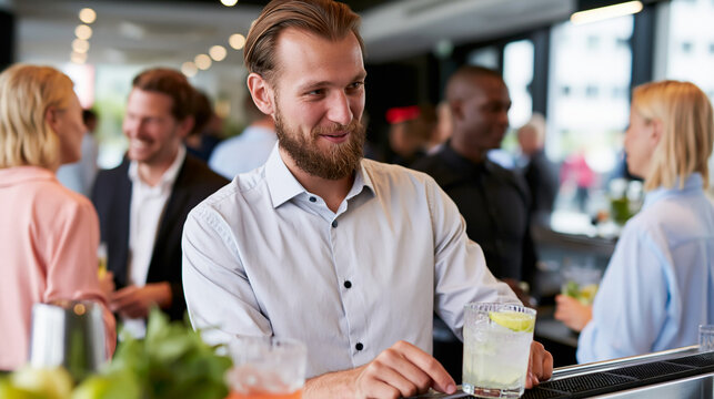 Businessman serving drinks at networking event in office