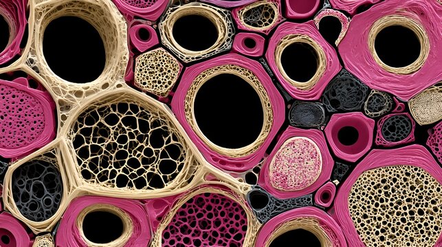 Abstract microscopic view of complex organic cellular tissue structure with varied textures and vibrant colors