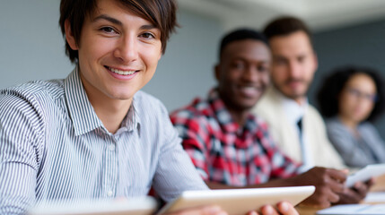 Fototapeta premium Smiling business team in office meeting with tablet
