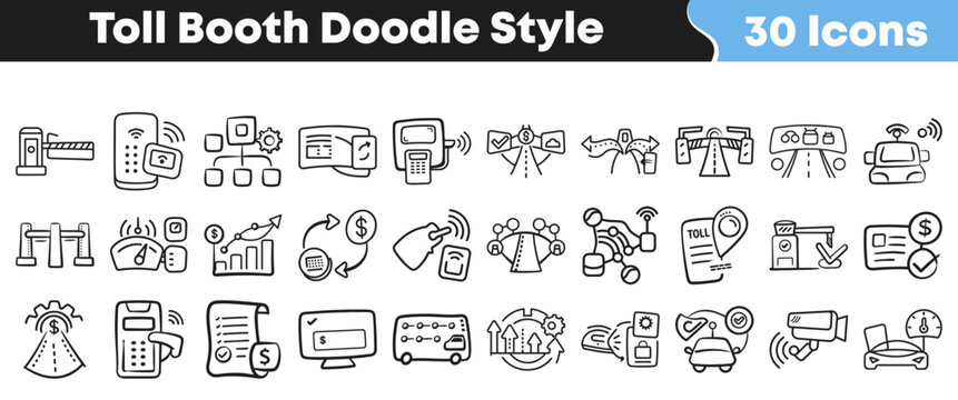 Hand drawn toll booth icons set in a simple doodle style